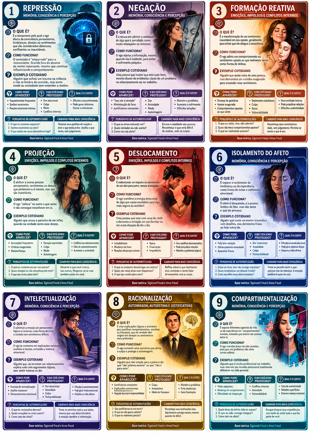 Página real com nove fichas ilustradas: repressão, negação, formação reativa, projeção, deslocamento, isolamento do afeto, intelectualização, racionalização e compartimentalização.